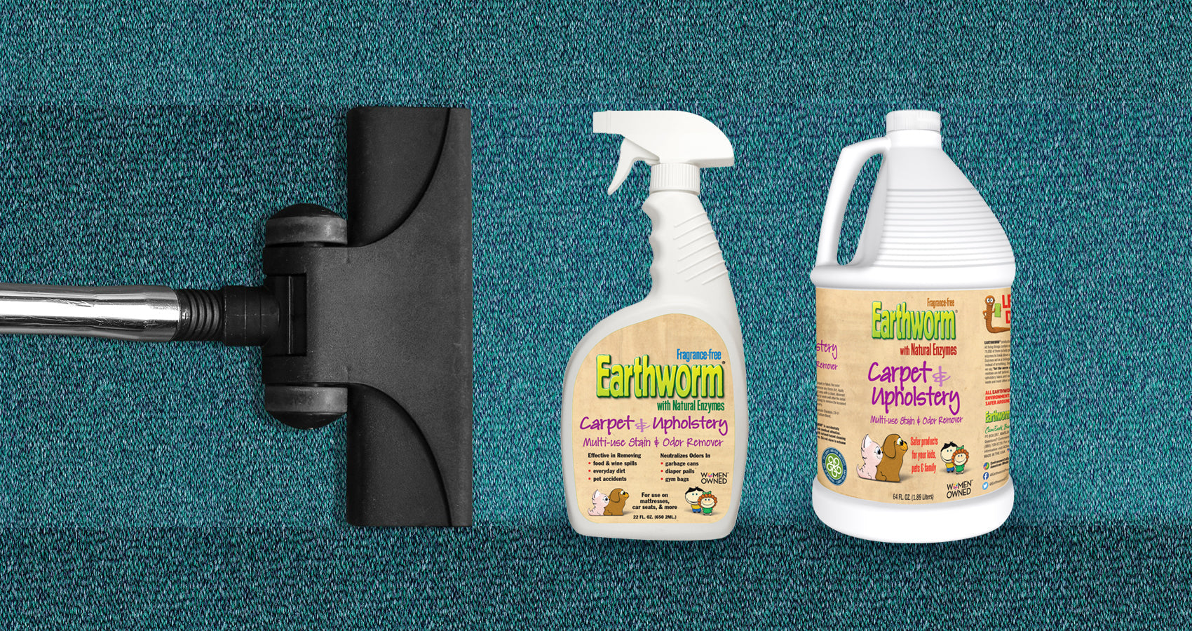 A vacuum head on teal carpet next to Earthworm Carpet and Upholstery Cleaner in spray and gallon sizes